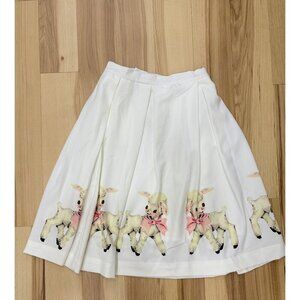 Really Why Lamb Print Pleated White Flare Skirt XS Lined